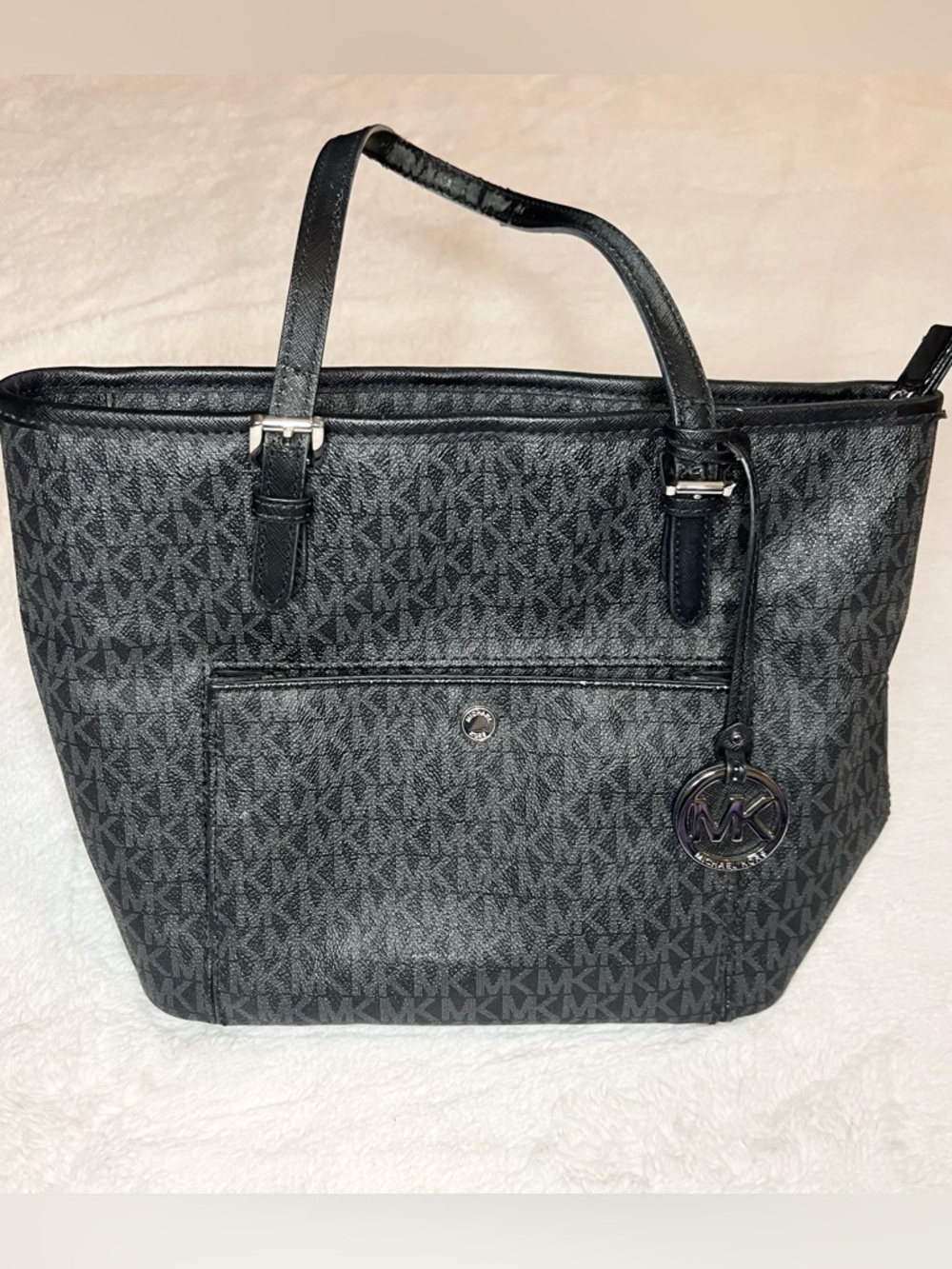 Michael Kors Black Signature MK Logo Jet Set Tote Bag with Front Pocket
